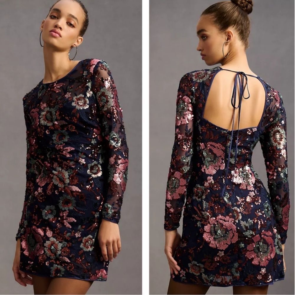 NEW Anthropologie Sequin Floral Mini Dress Long Sleeve